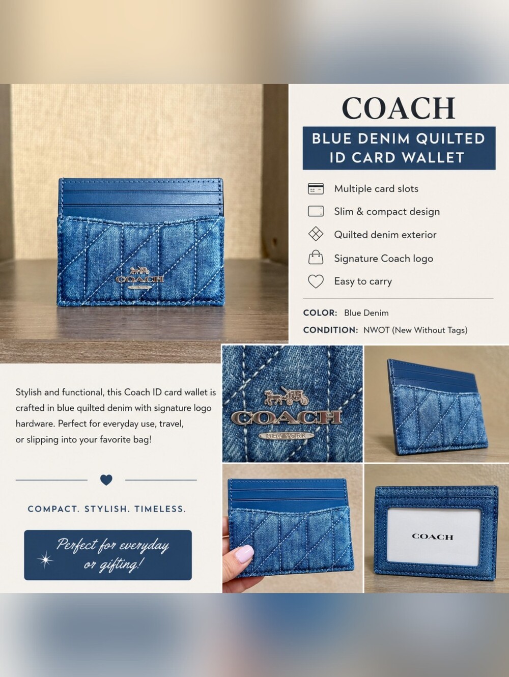 💙Coach Blue Denim Quilted ID Card Wallet NWOT 💙